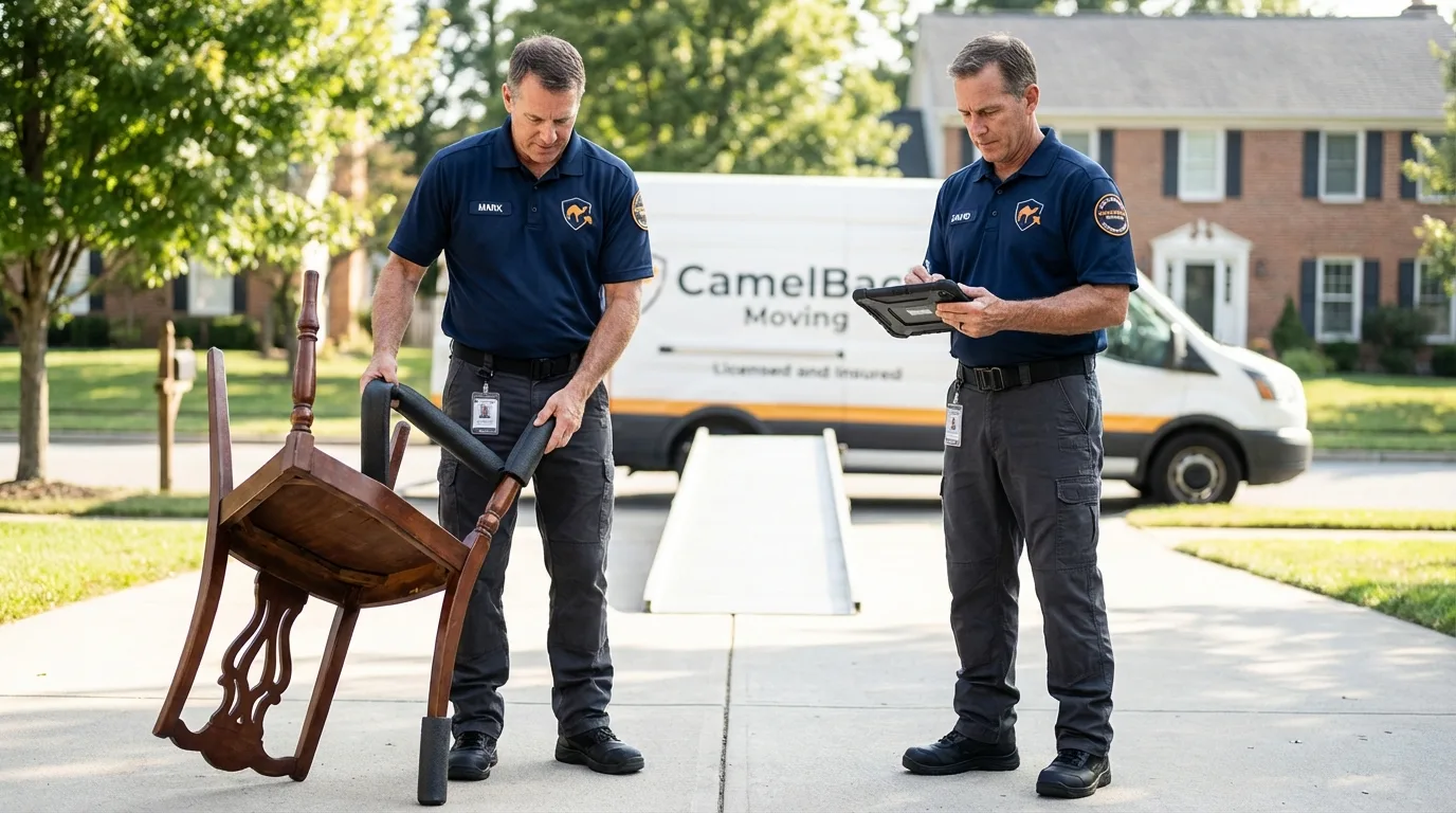 Movers inspecting furniture for damage prevention before loading in Deer Park, WA