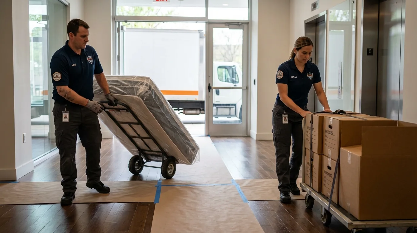 Professional apartment movers loading elevator in Deer Park, WA